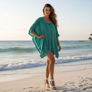 Turquoise V-Neck Lace Trim Poncho Swim Coverup Top approximate sz XL unbranded